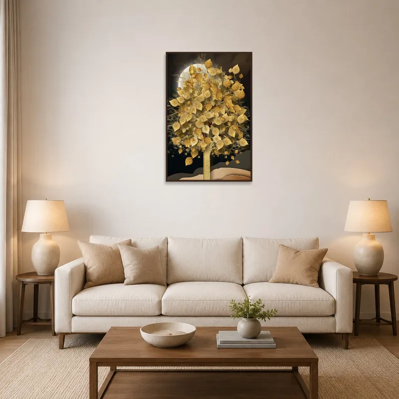 Wall art of golden foliage under a moonlit sky above a modern sofa in living room.