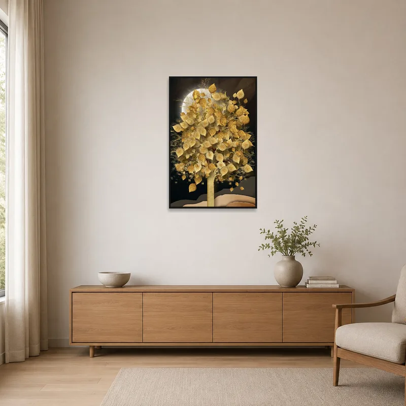 Simplistic room with wall art of golden foliage beneath moonlight on a plain wall.