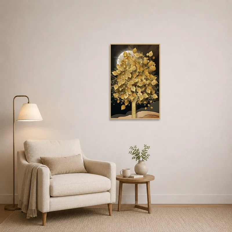 Cozy reading corner adorned with artwork of golden foliage under a night sky.