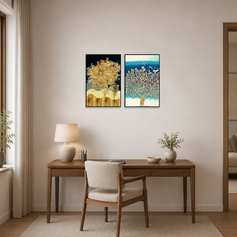 Golden Forest prints inspiring creativity in a modern home office.