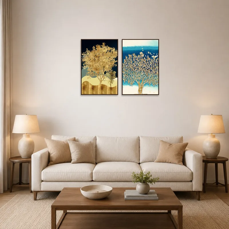 Golden Forest Dreamscape prints hung on living room wall above a cozy sofa.