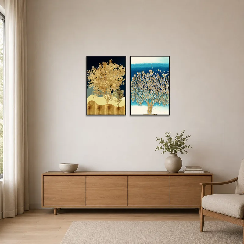 Golden Forest prints accentuating a clean, minimalist room with neutral tones.