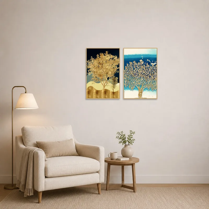 Dreamscape prints creating ambiance in a comfortable reading corner.