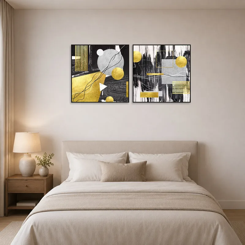 Artwork pair lends a touch of luxury above a bed in the bedroom.