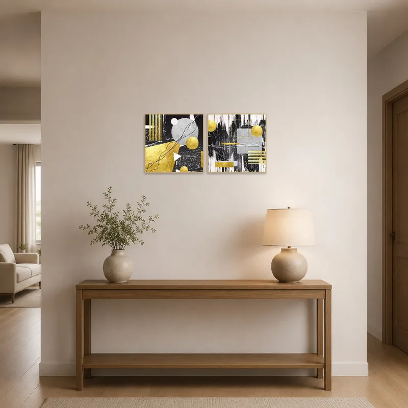 Geometric art pair makes a striking first impression in the entrance hall.