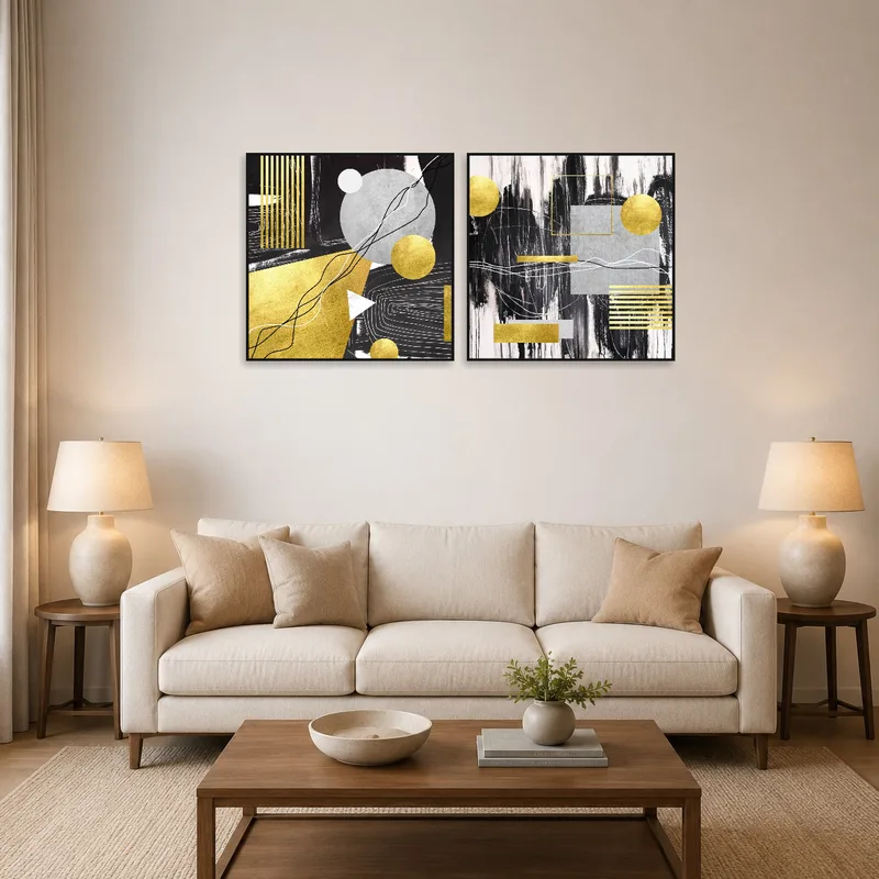 Golden geometric abstract art pair adds elegance above a modern sofa in the living room.
