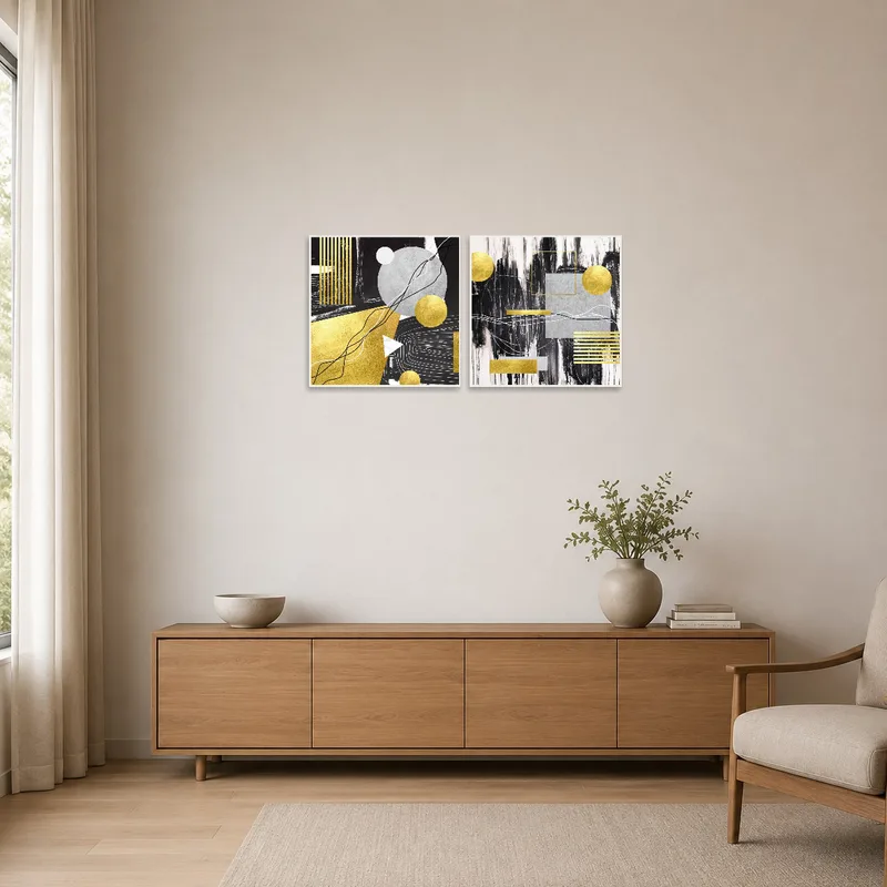 The artwork enhances the clean lines of a minimalist room with its subtle gold tones.