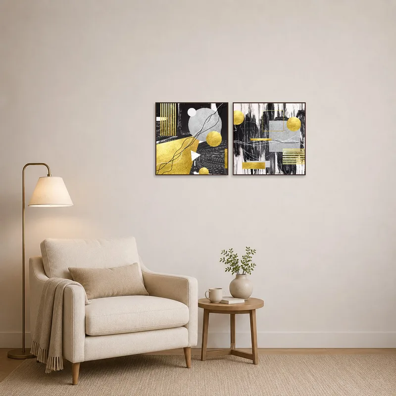 Golden abstract pair brings sophistication to a cozy reading corner.