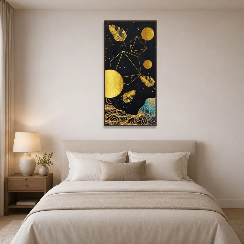 Abstract nature art creating a tranquil atmosphere in the bedroom.