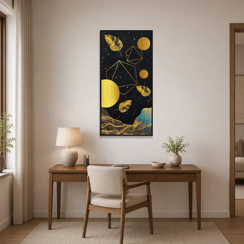 Geometric and nature art inspiring creativity in the home office.