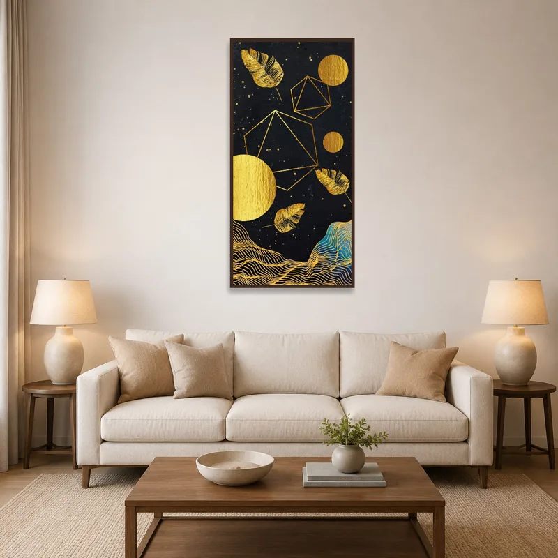 Golden geometric and nature art above a modern sofa in the living room.