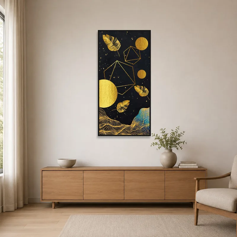 Golden geometric art accentuating a minimalist styled room.