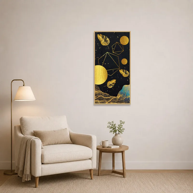 Golden abstract piece adding charm to a cozy reading corner.