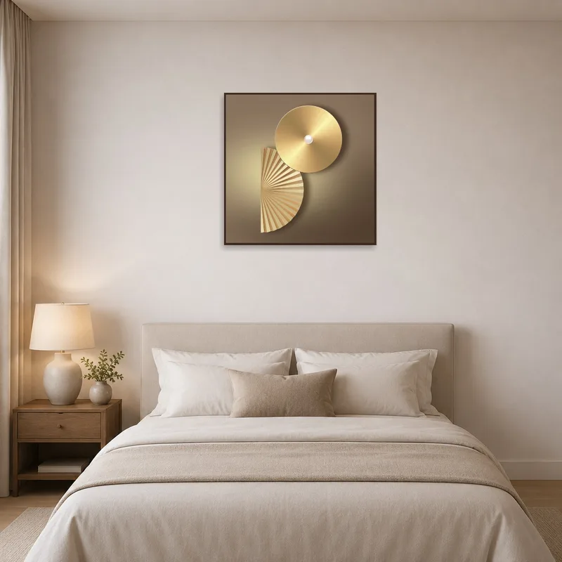 Sophisticated golden abstract artwork adding luxury to a bedroom.