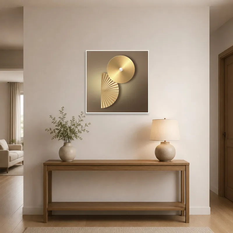 Golden geometric abstract art accentuating a stylish entrance hall.