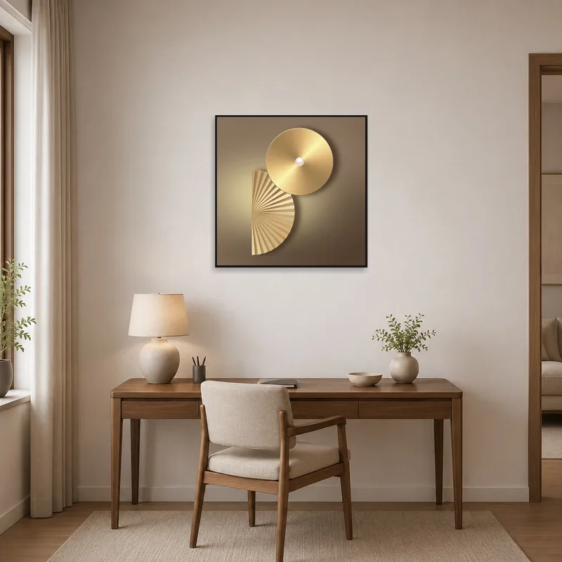 Golden geometric art piece bringing a touch of elegance to a home office.