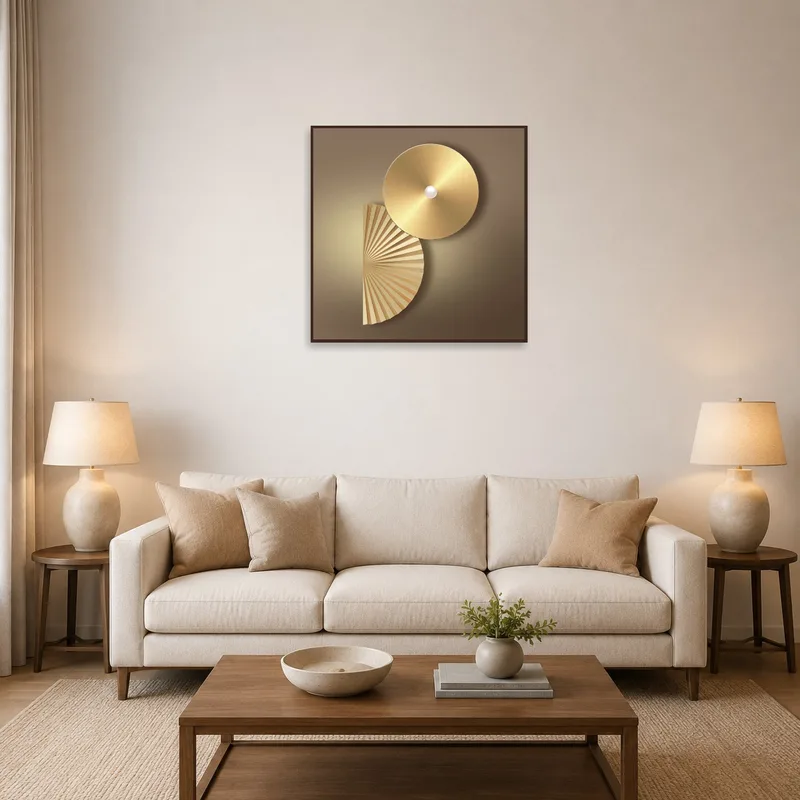 Golden geometric abstract art hanging above a modern sofa in the living room.