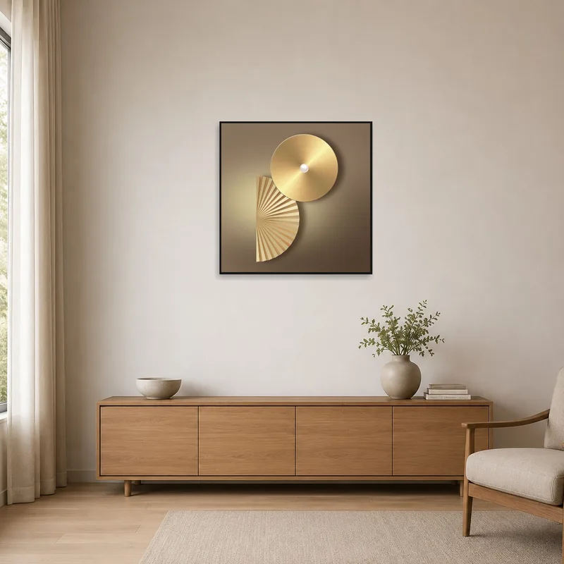 Sleek golden geometric abstract piece in a spacious minimalist room.