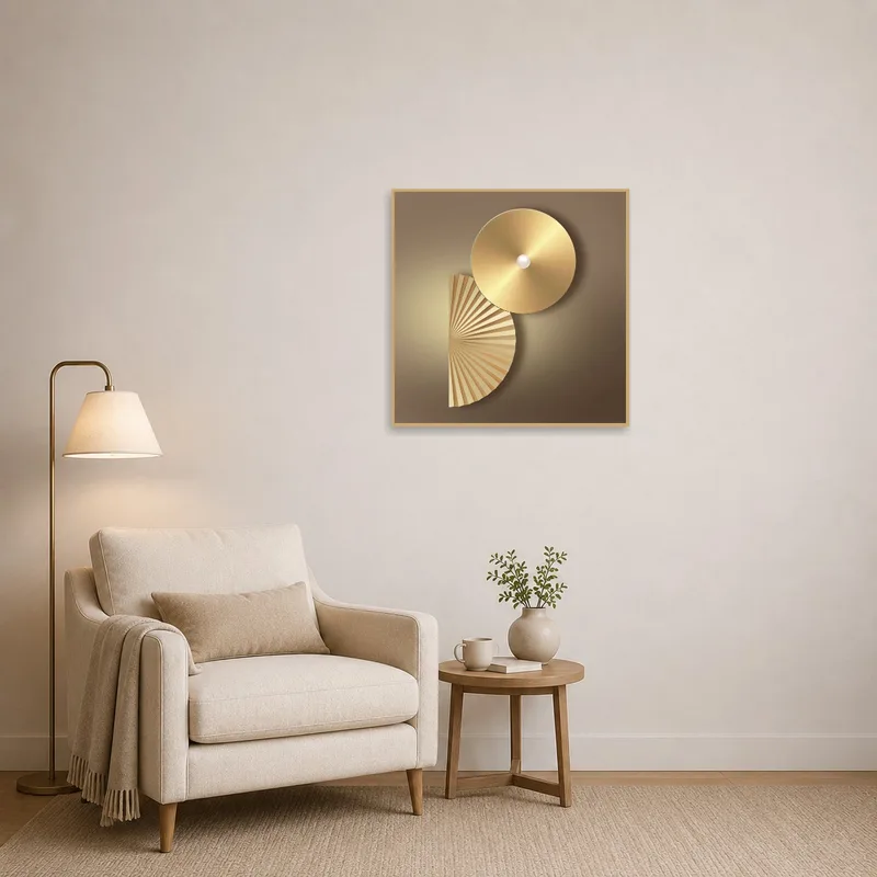 Elegant golden geometric print enhancing a cozy reading corner.