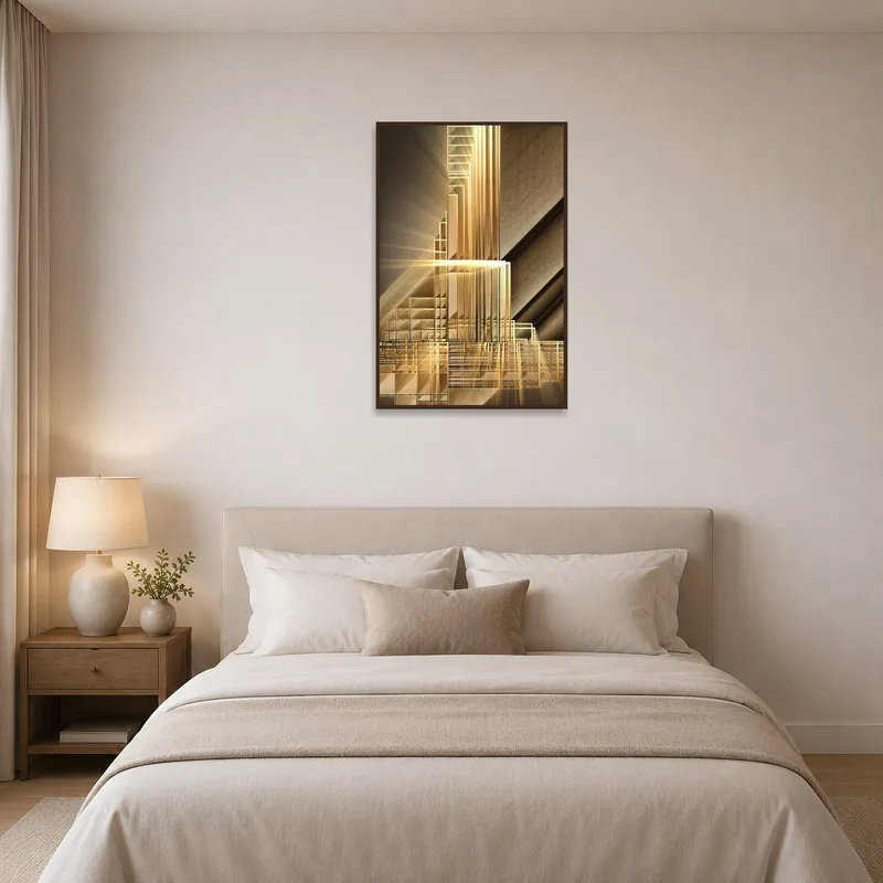 Stylish geometric artwork in a bedroom, offering a touch of sophistication and warmth.