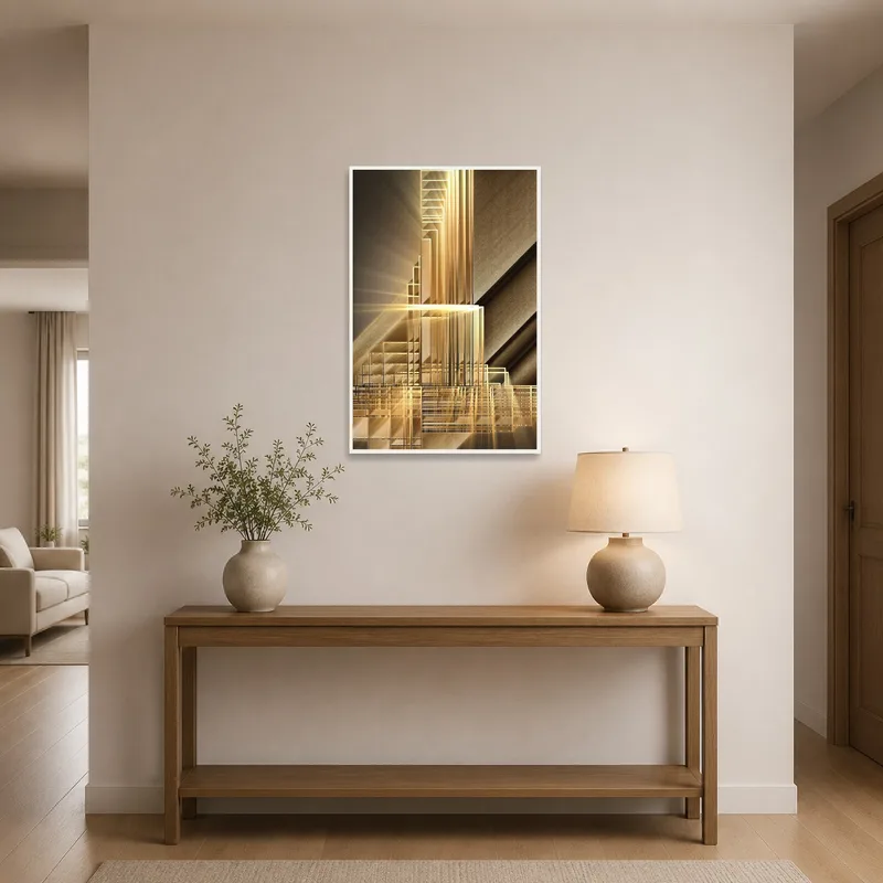 Elegant golden geometric artwork decorating a chic entrance hall, adding a refined touch.