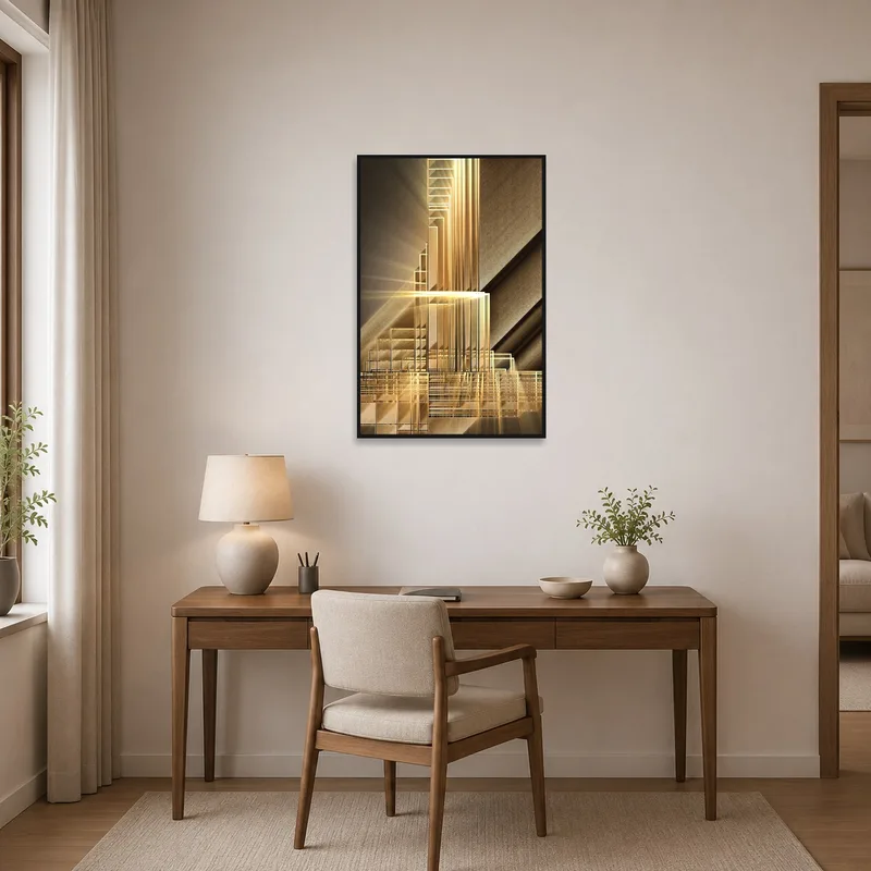 Vertical abstract design with golden hues brightening a contemporary home office setting.