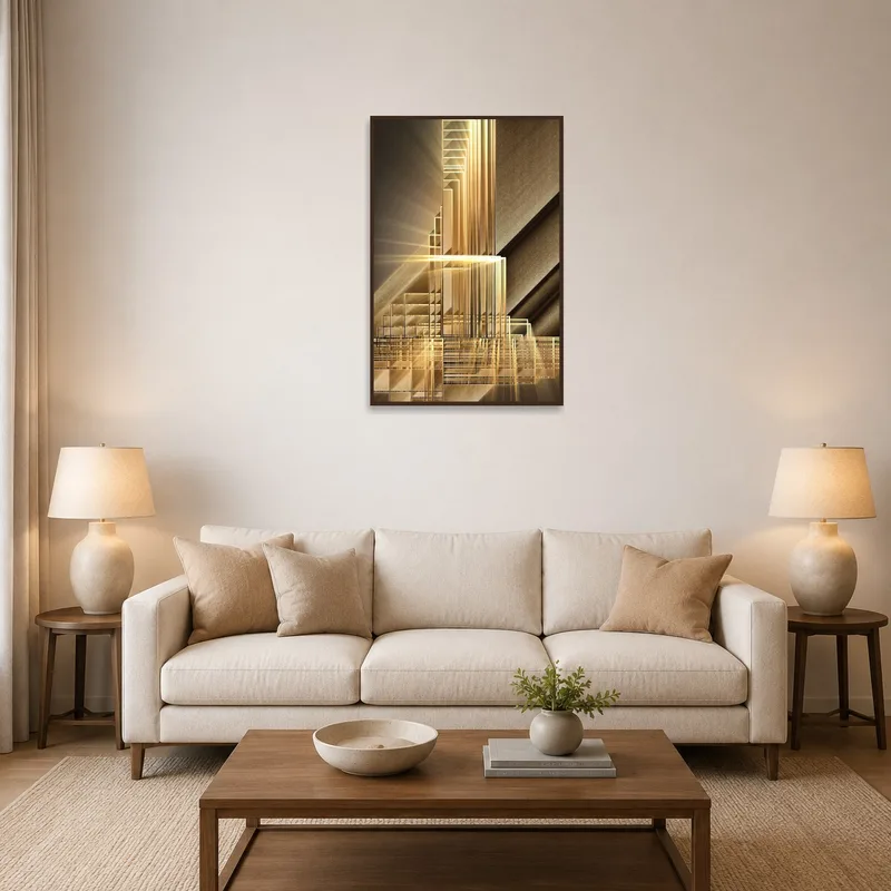 Abstract geometric art with golden tones hanging in a living room with modern furnishings.