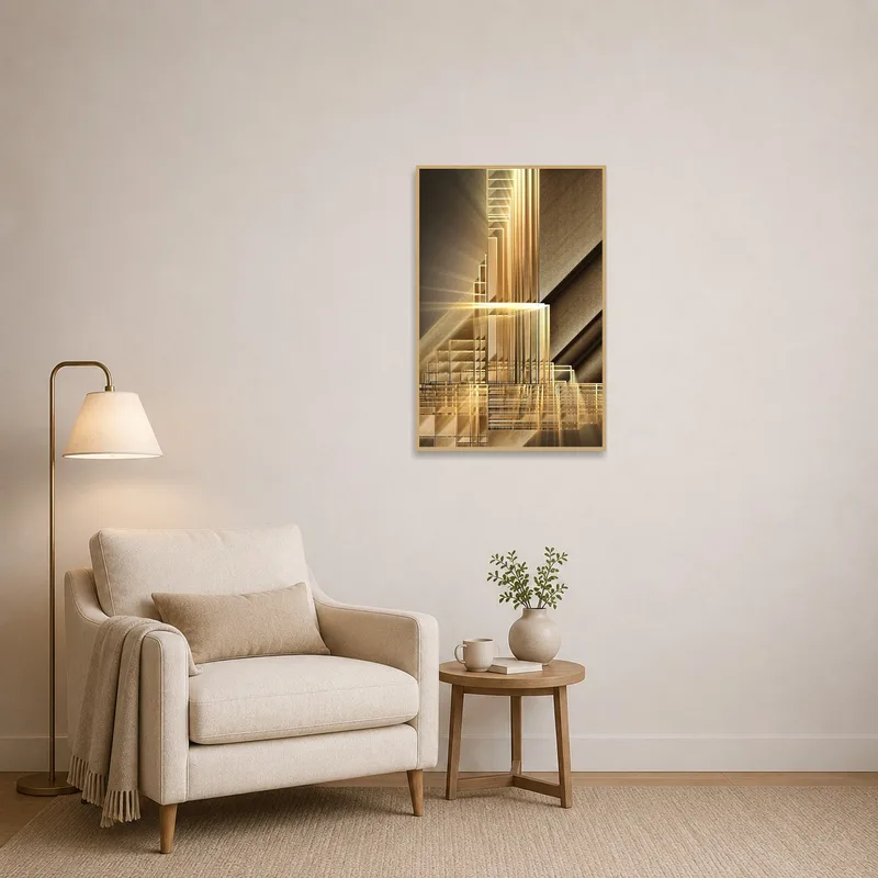 Golden abstract art piece enhancing a cozy reading corner with modern ambiance.
