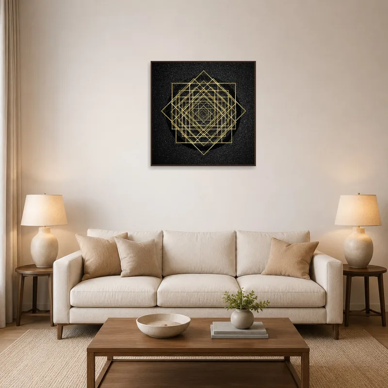 A stylish geometric piece on black gracing a living room wall.