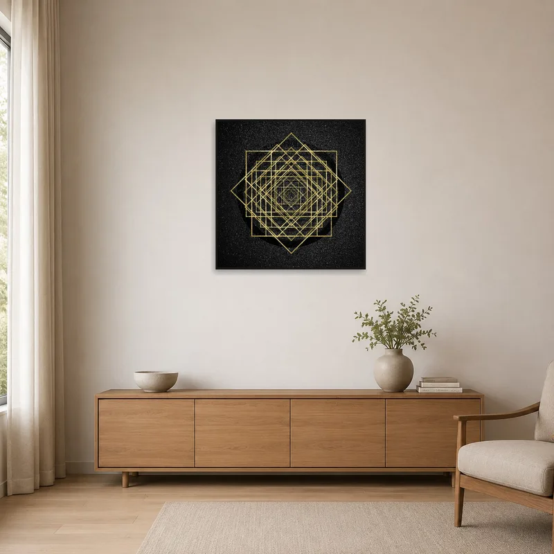 Black and gold geometric artwork complementing a minimalist setting.