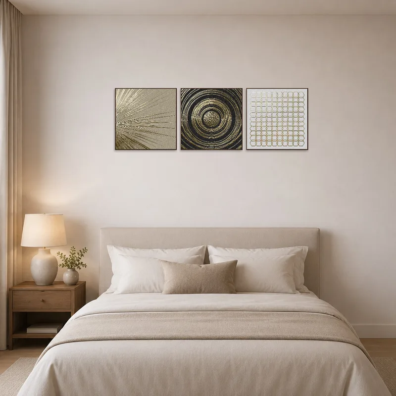 Golden geometric artworks harmonize with bedroom tones.