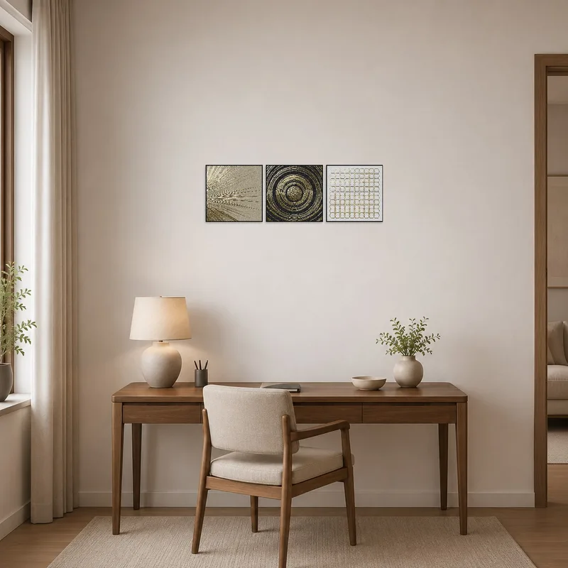 Golden textures triptych brings elegance to a home office space.