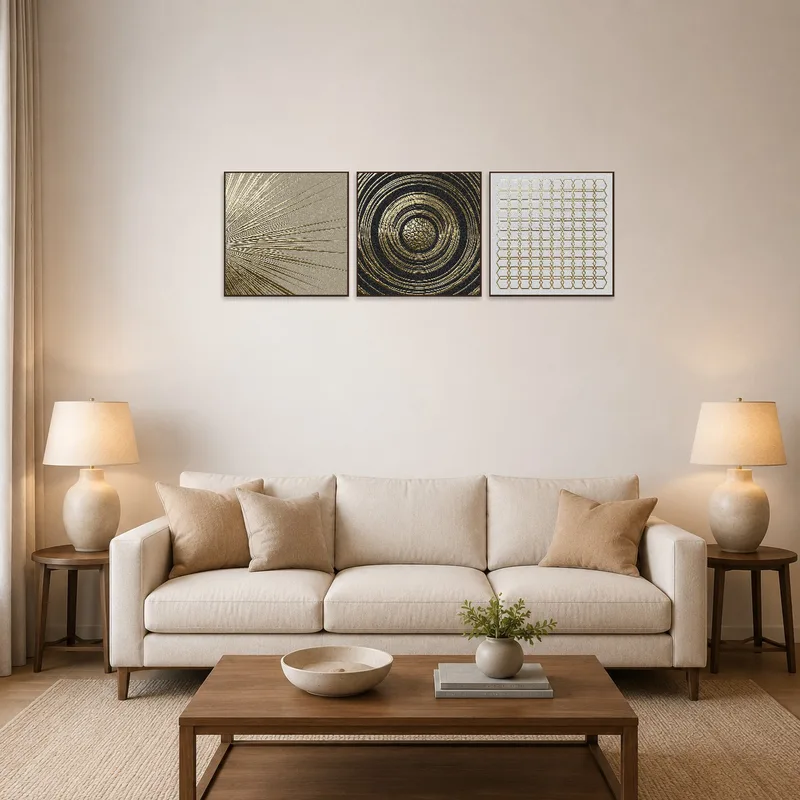 Golden geometric triptych on a living room wall above a cozy sofa.