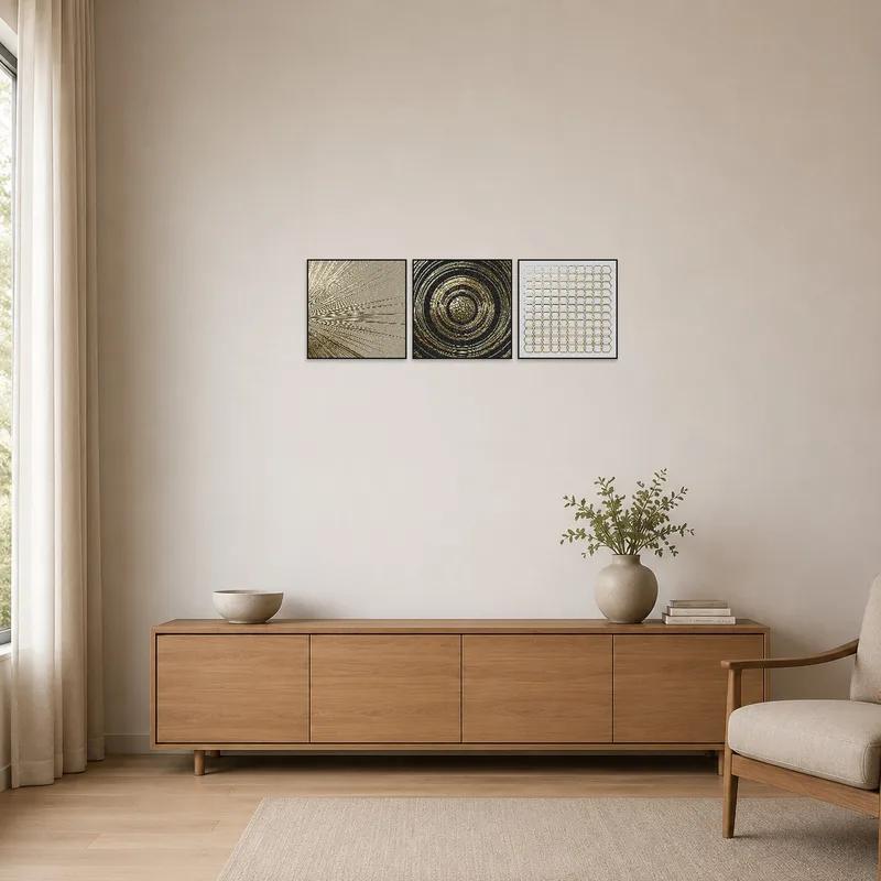 Gold geometric art set in a minimalist room with clean lines.