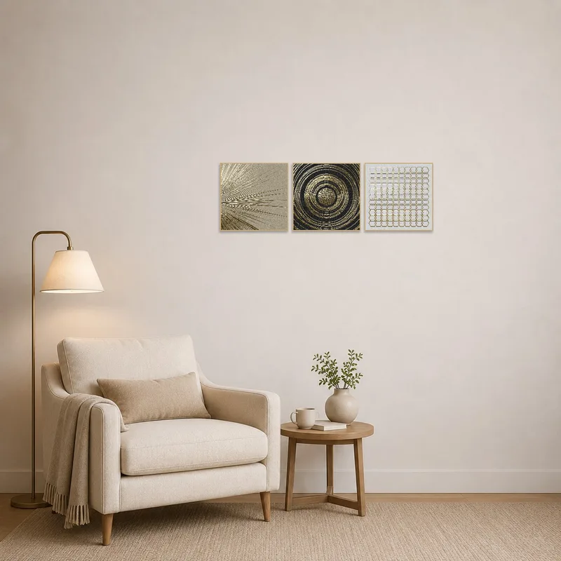 Golden triptych adds sophistication to a cozy reading nook.