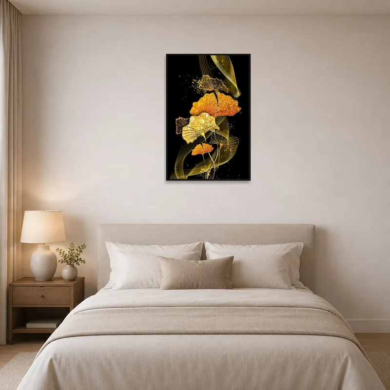 Golden Ginkgo leaves print bringing luxury above the bedroom headboard.
