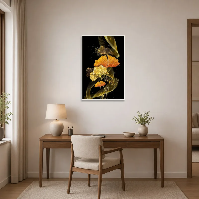 Golden leaves art piece elevating the sophistication of a home office.