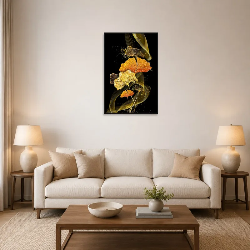 Golden Ginkgo leaves art piece displayed above a contemporary living room sofa.
