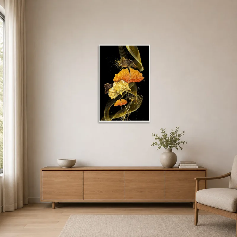 Ginkgo leaves art adding a touch of elegance to a minimalist room's stark walls.