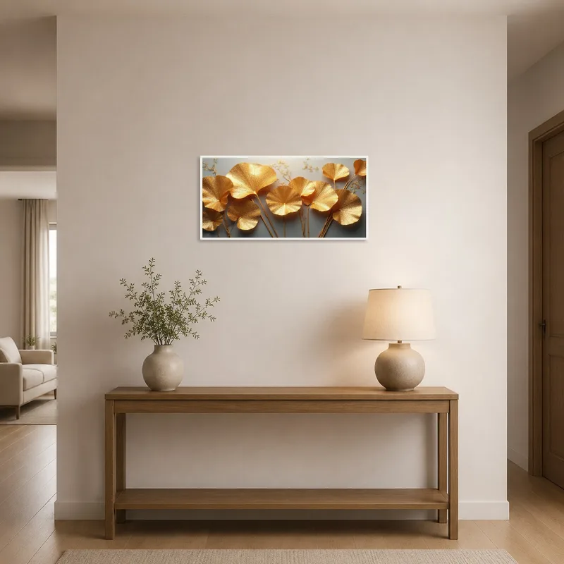 Golden ginkgo leaves art welcoming guests in a stylish entrance hall.