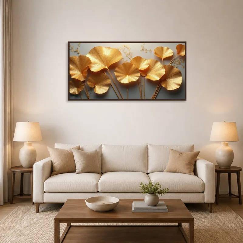 Golden ginkgo leaves art above a modern sofa in a cozy living room.
