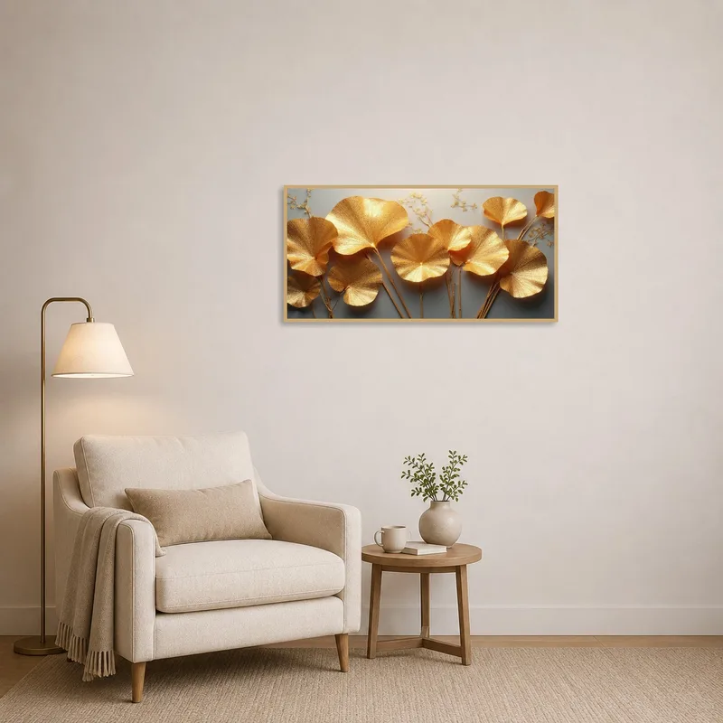 Golden ginkgo leaves art adding warmth to a quiet reading corner.