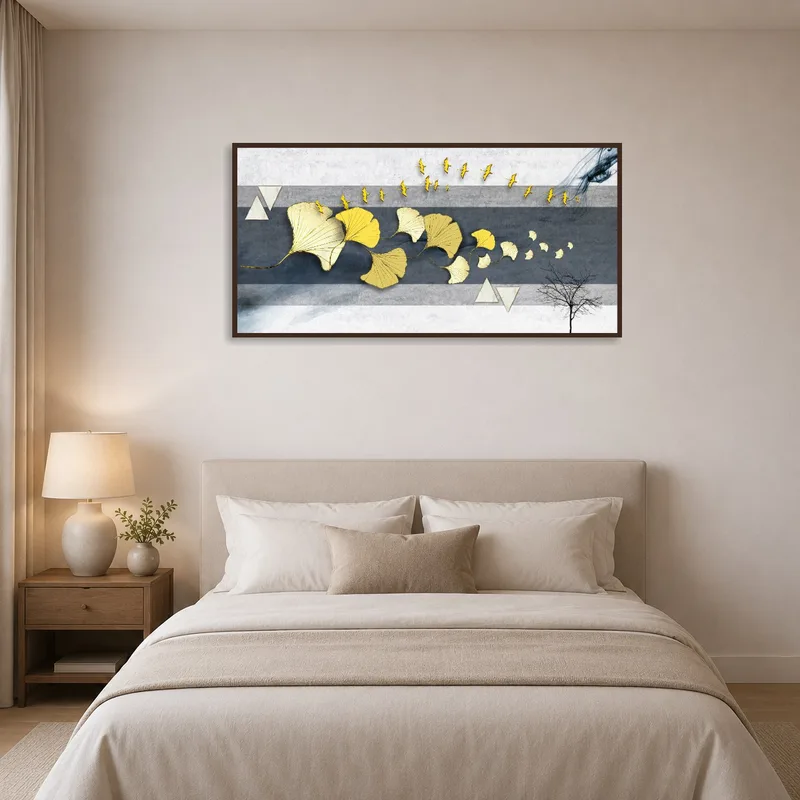 Golden Ginkgo Leaves with Birds brings warmth to a serene bedroom.