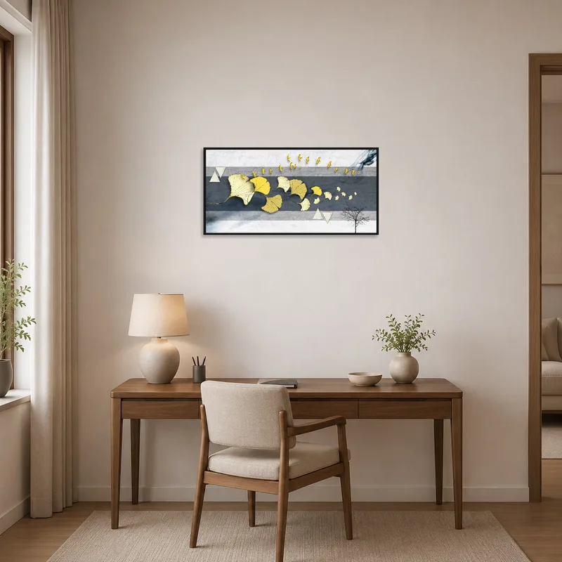 Golden Ginkgo Leaves with Birds enhances a stylish home office wall.