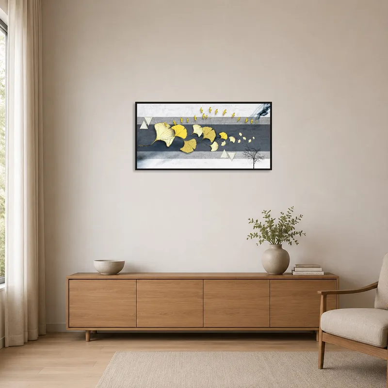 Golden Ginkgo Leaves with Birds on a white wall in a minimalist-style room.