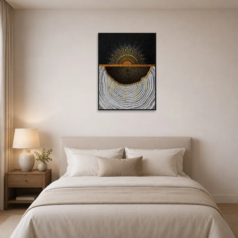 Golden horizon artwork as a centerpiece in a serene bedroom.