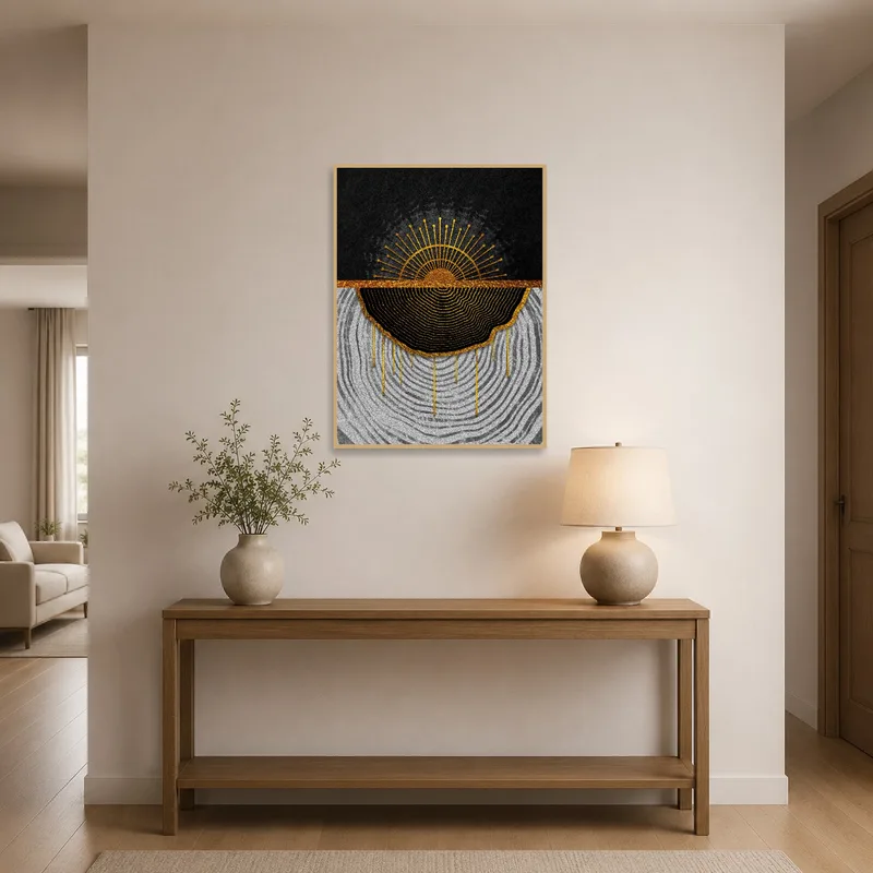 Golden abstract art in an entrance hall welcoming guests.