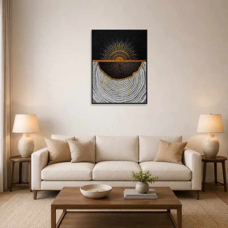 Golden Horizon Abstract Art Print in a living room above a modern sofa.
