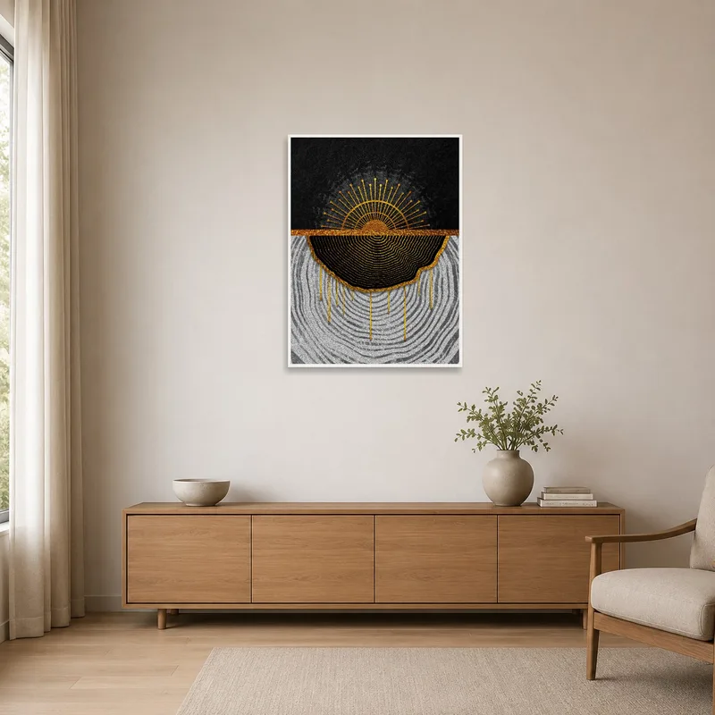 Art print displayed in a minimalist room with simple furnishings.