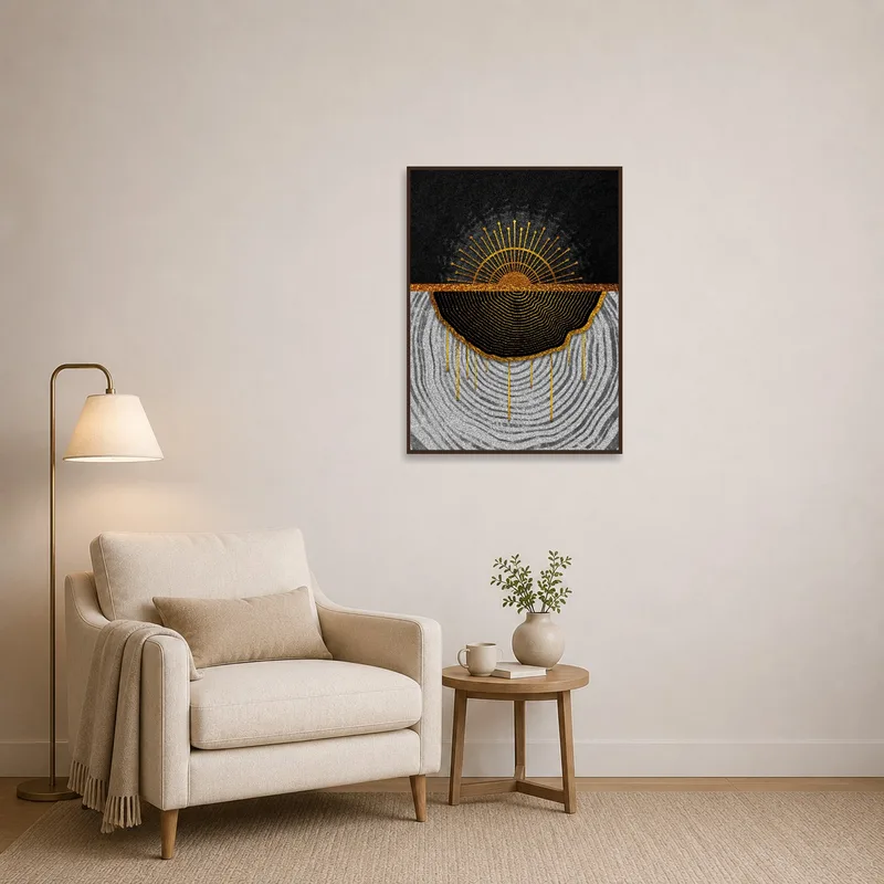 Art print adds a touch of elegance to a cozy reading corner.